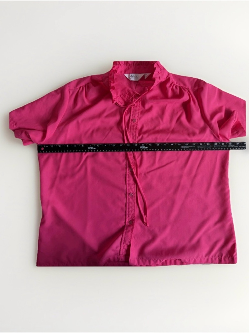 Vintage Alicia Hot Pink Ruffle Mock Neck Blouse 1970s Secretary Pussybow Top 42 - Picture 9 of 12
